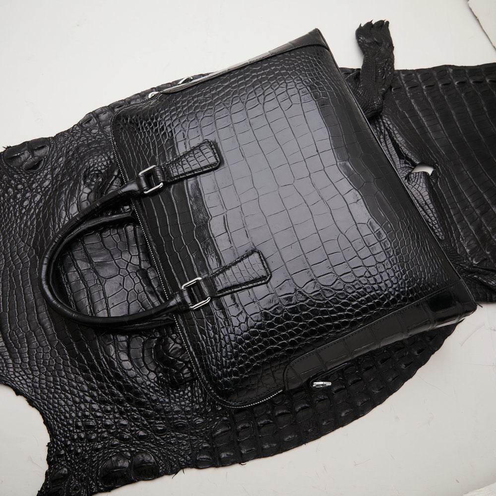 Siamese Crocodile Belly Skin Briefcase Genuine Leather Men's Bag Double Zipper Handbag File Bag Men's Business Bag Handbag