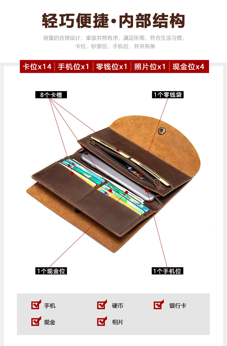 Men's Long Wallet RFID Clutch Bag Crazy Horse Retro Card Holder Men's Wallet Card Bag