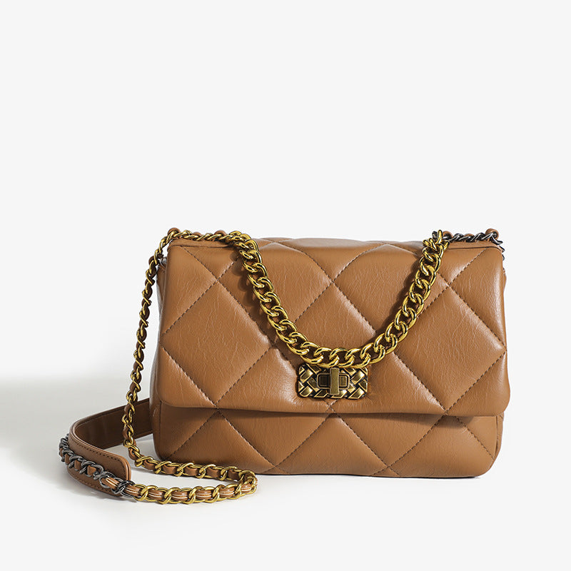Ladies Genuine Leather Shoulder Bag Chain Bag Wandering Bag Check Crossbody Bag Fashion Trend
