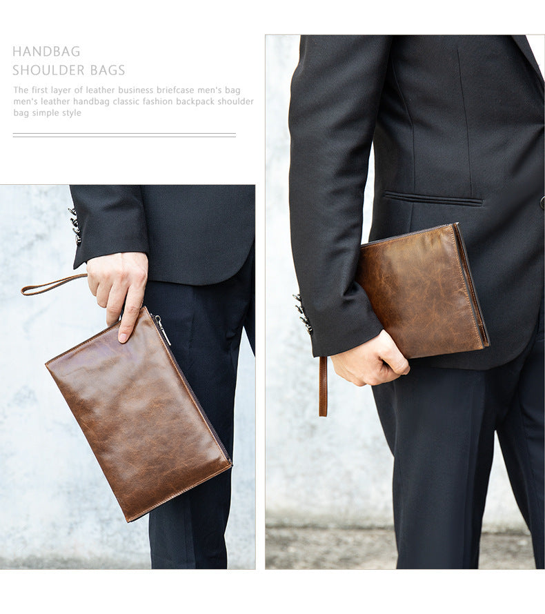 Men's Clutch Bag Genuine Cowhide Leather Handbag Business Vintage Men's Wrist Bag
