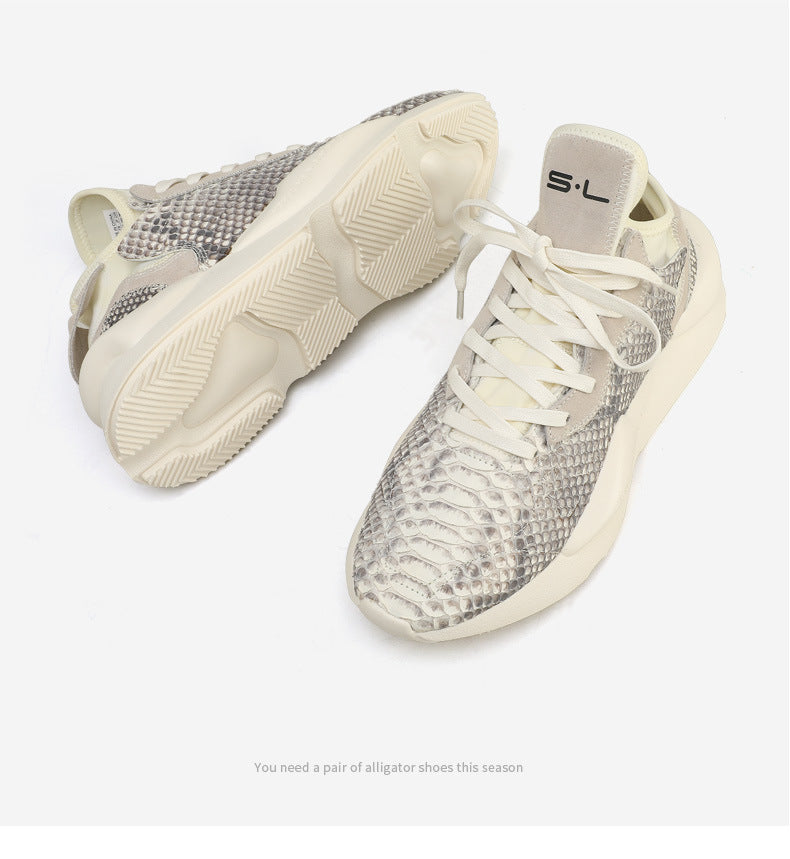 Python Skin Genuine Leather Men's Sneakers Casual Wear-resistant Breathable Thick Sole Men's Shoes