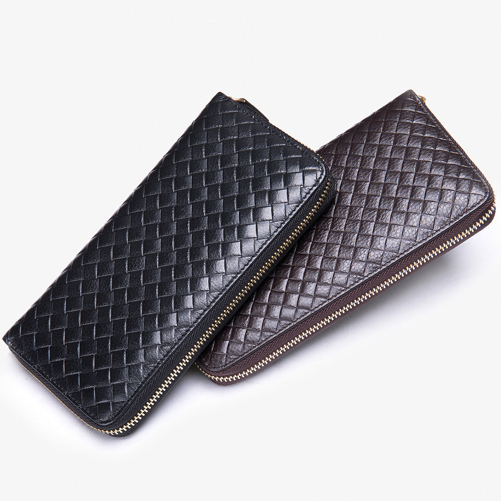 Men's long wallet made of cowhide genuine leather fashion plaid card holder zipper large capacity clutch bag men's wallet