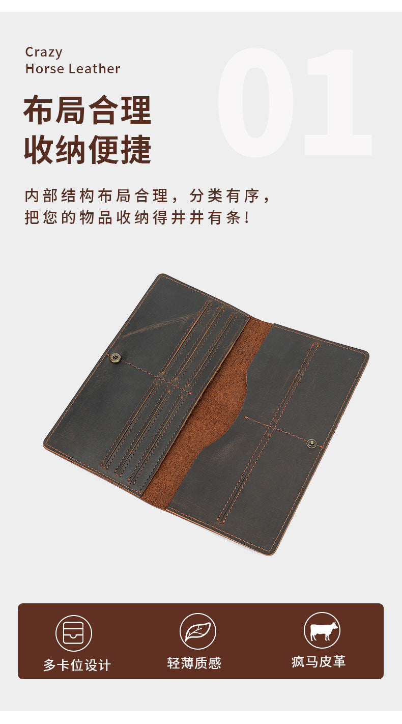Men's long wallet made of genuine cowhide leather fashion retro clutch bag men's wallet card bag