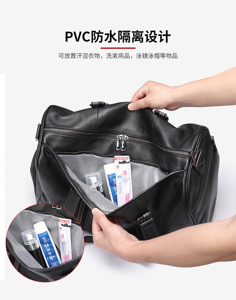 Men's Fitness Bag Genuine Cowhide Leather Dry/Wet Separate Short-distance Luggage Bag Men's Travel Bag Shoulder Bag