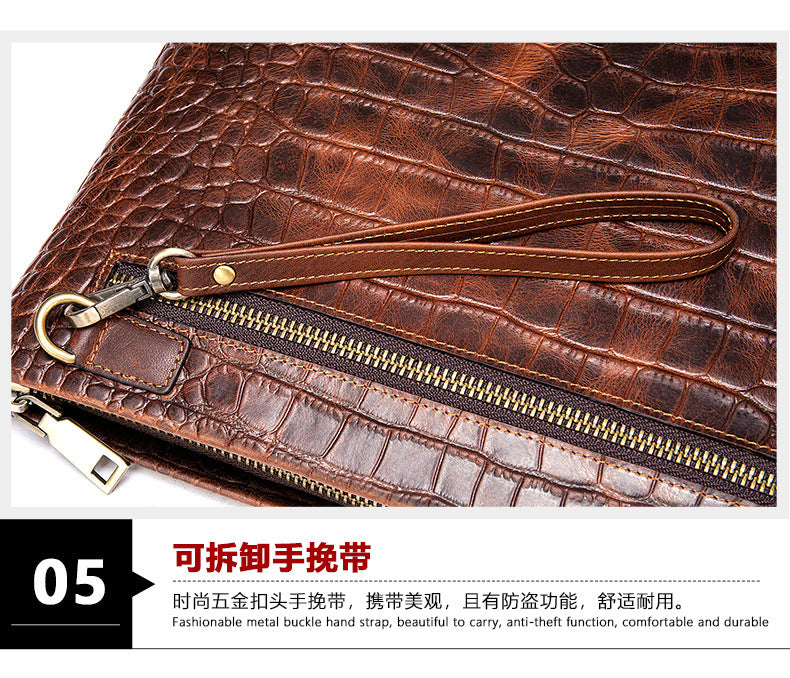 Men's Clutch Bag Business Crocodile Crest Cow Leather Handbag for Men
