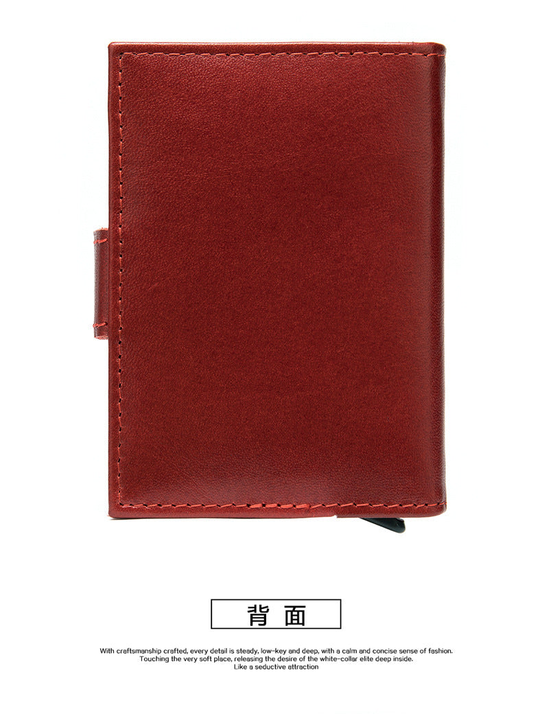 Men's wallet cowhide genuine leather aluminum alloy automatic pop-up RFID anti-theft brush personality business card holder card bag for men