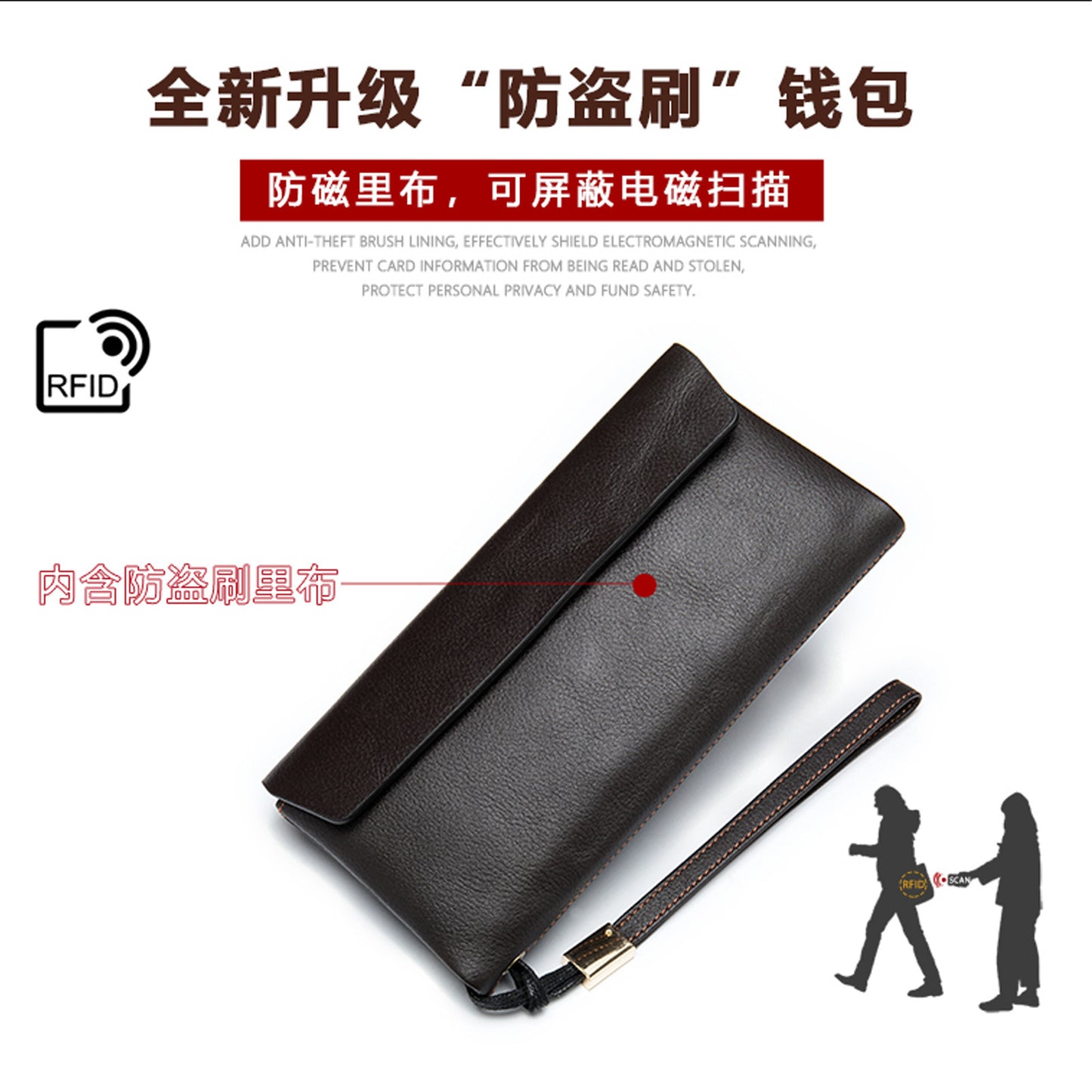 Men's Long Wallet Retro Genuine Cowhide Leather Large Capacity Card Holder RFID Anti-Theft Business Clutch Bag