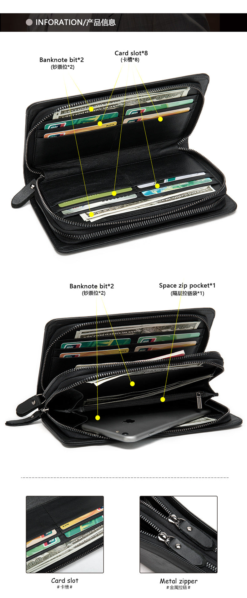 Men's long wallet genuine cowhide leather clutch bag business multifunctional zipper men's wallet