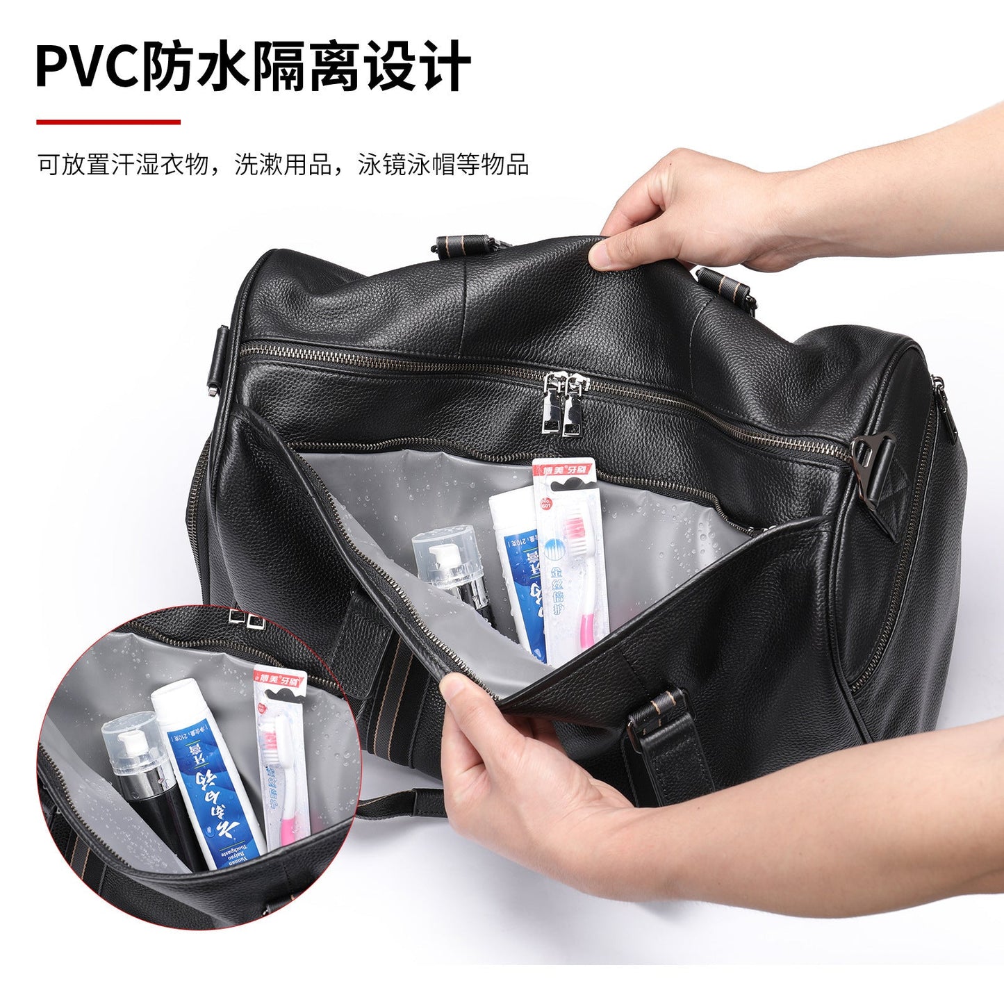 Men's Fitness Bag Genuine Cowhide Leather Dry/Wet Separate Short-distance Luggage Bag Men's Travel Bag Shoulder Bag