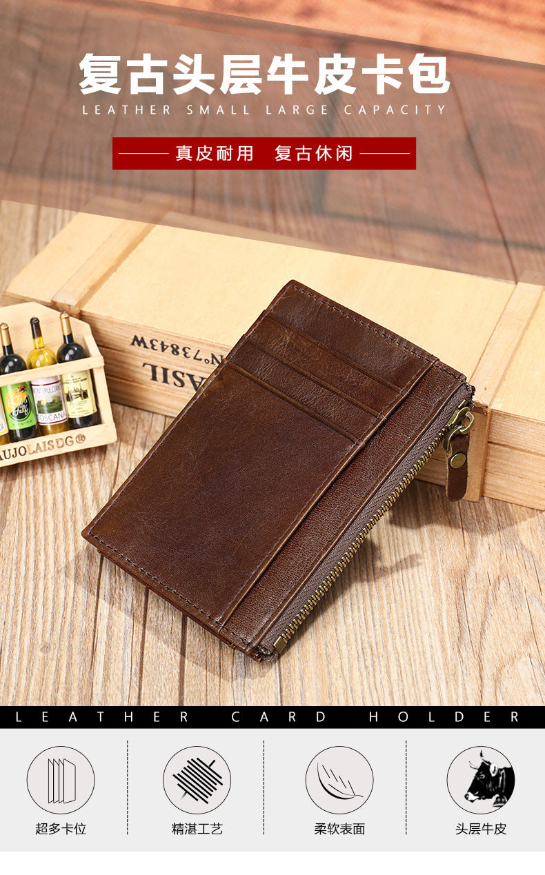 Men's wallet made of genuine cowhide leather, portable coin purse, anti-theft brush, card bag for men