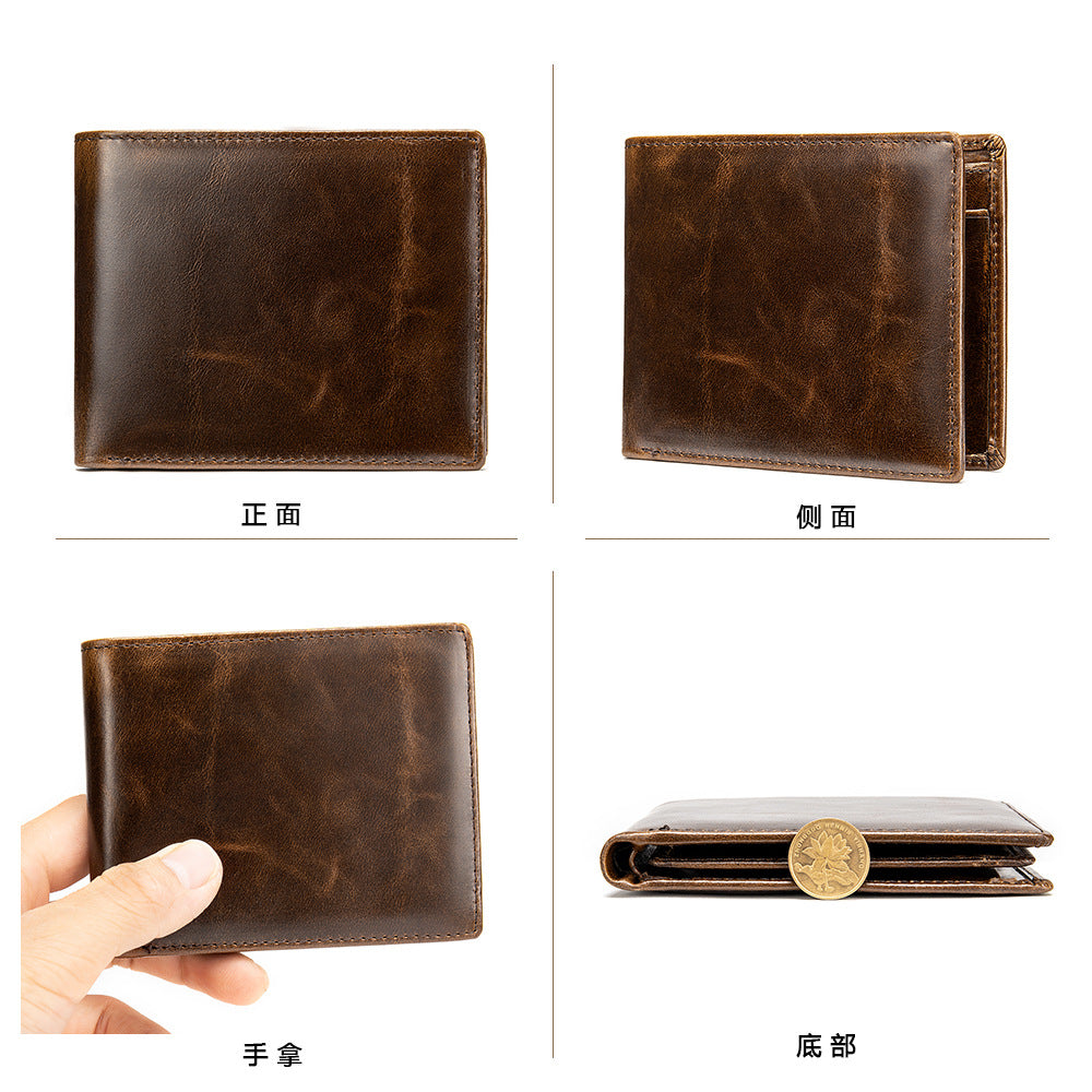 Men's short wallet cowhide retro anti-theft handmade men's wallet