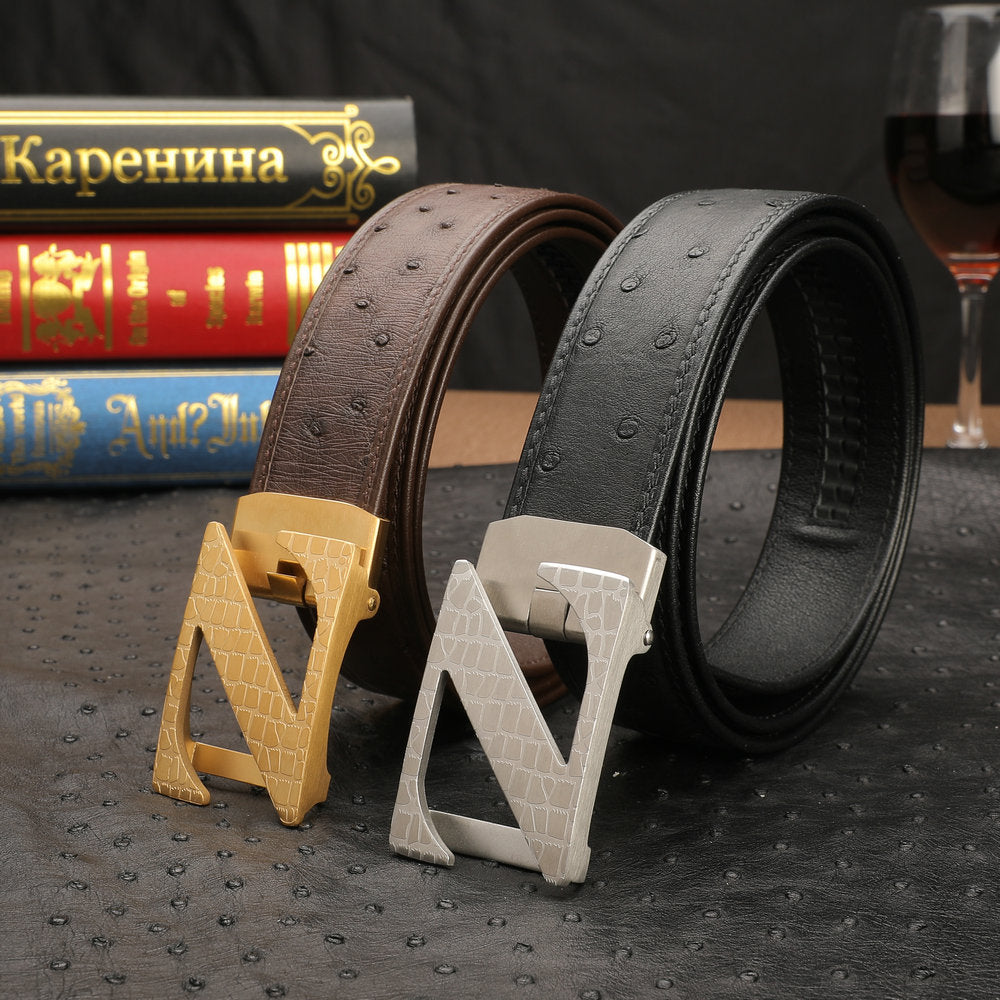 New Ostrich Skin Men's Belt Genuine Leather Automatic Buckle Casual Business Width 3.4cm Men's Belt