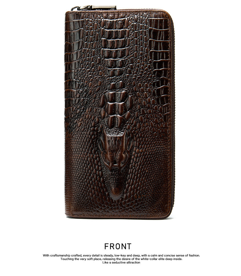 Men's Long Wallet Retro Crocodile Crest Cow Leather Card Holder Anti-Theft Brush RFID Men's Clutch Bag