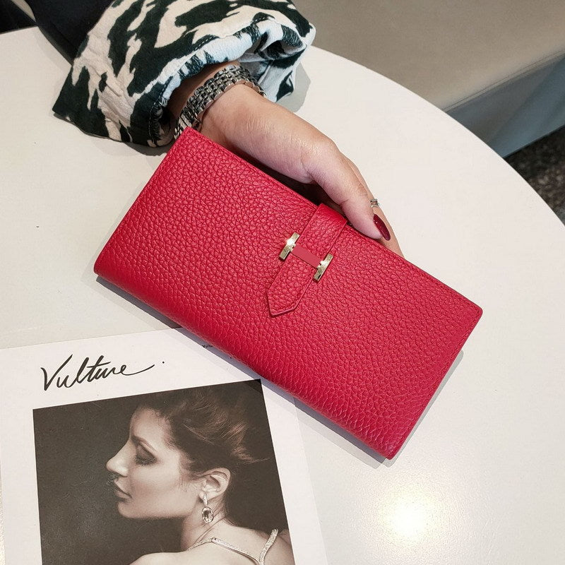 Simple Ladies Cowhide Handbag Lychee Pattern Fashion Long Bifold Wallet Genuine Leather Wallet