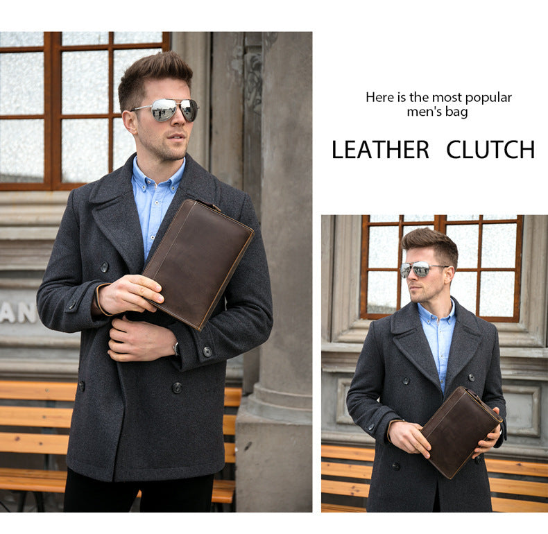 Men's Clutch Bag Cow Leather Crazy Horse Vintage Men's Handbag