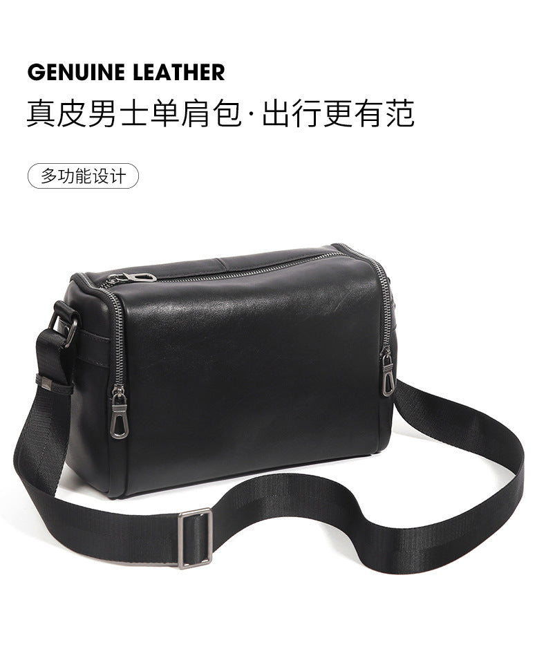 Men's shoulder bag Genuine cowhide leather cylindrical fashion casual large capacity crossbody bag for men