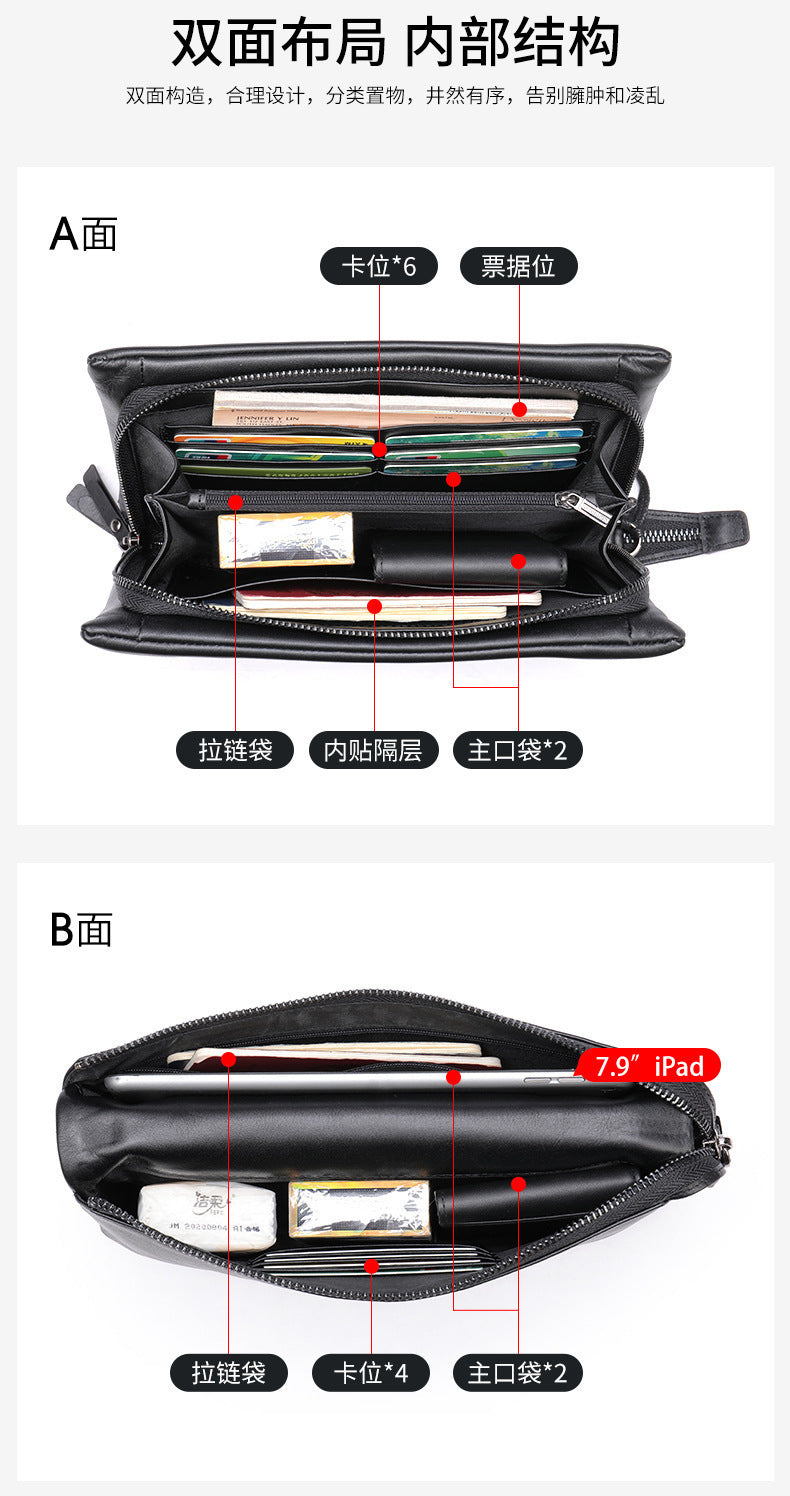 Men's clutch bag Genuine cowhide leather large capacity business casual men's handbag
