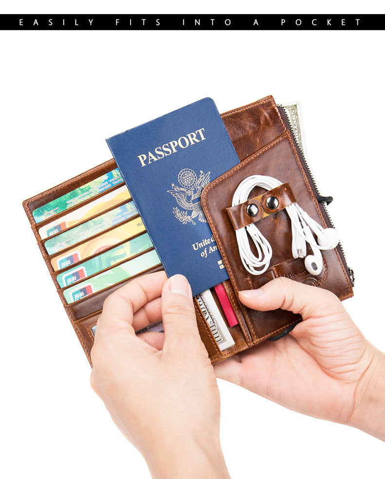 Men's Wallet Made of Genuine Cow Leather Retro Unique Fashion Card Holder Earphone Code Card Pocket