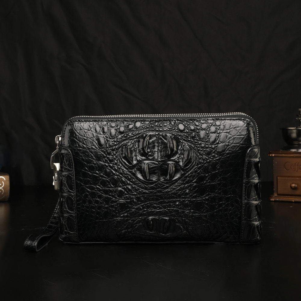 Crocodile Skin Genuine Leather Handbag Double Zipper Security Lock Privacy Protection Business Meeting Men's Bag