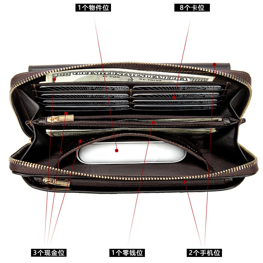 Men's long wallet card holder RFID anti-theft brush cowhide genuine leather zipper men's wallet