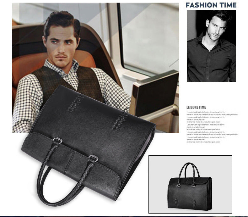 Men's Handbag Genuine Leather Cowhide Fashion Business Large Capacity Business Briefcase Computer Bag Hand-knitted Men's Handbag