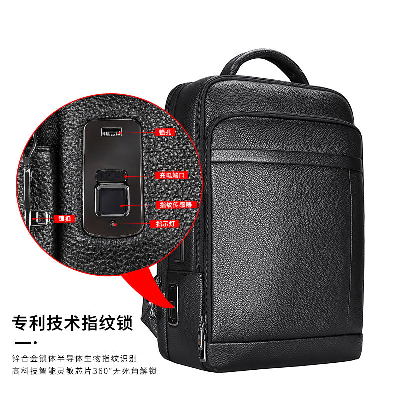 Men's backpack, cowhide, genuine leather, business fingerprint lock, large capacity school bag, computer bag