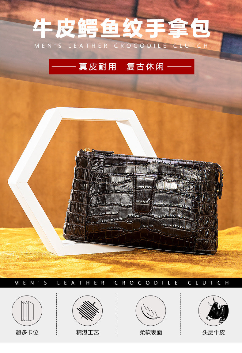 Men's Wallet Cow Leather Crocodile Crest Fashion Clutch Bag Smartphone Coin Card Holder Men's Wallet