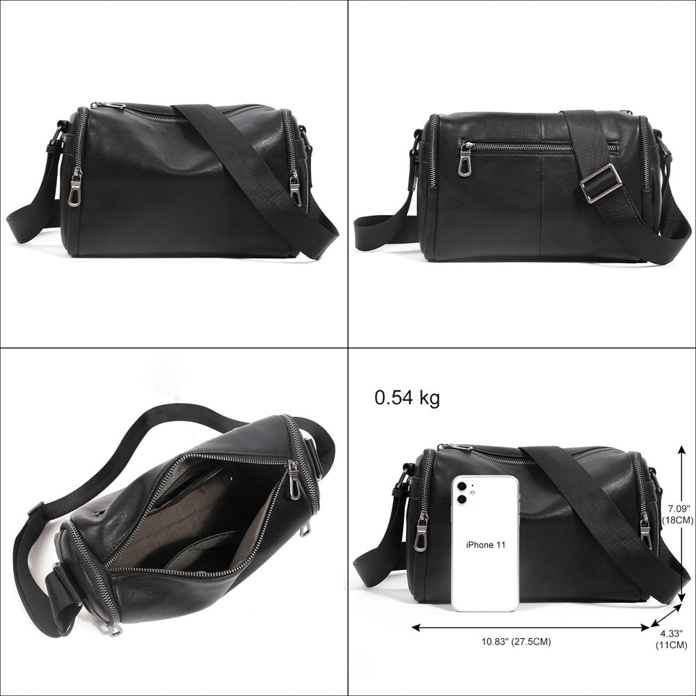 Men's shoulder bag Genuine cowhide leather cylindrical fashion casual large capacity crossbody bag for men