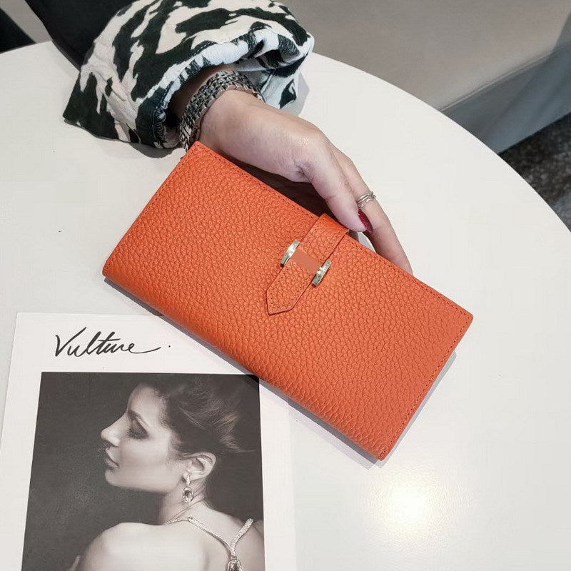Simple Ladies Cowhide Handbag Lychee Pattern Fashion Long Bifold Wallet Genuine Leather Wallet