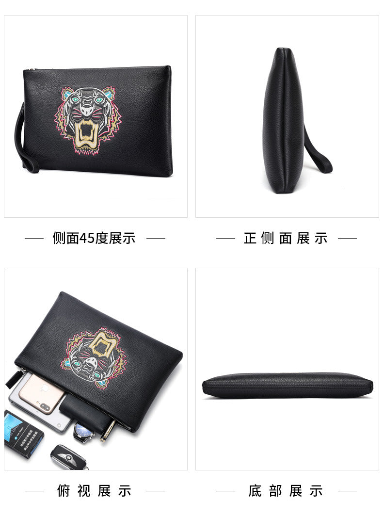 Men's Clutch Bag Genuine Cowhide Leather Casual Fashion Tiger Head Embroidery Men's Handbag