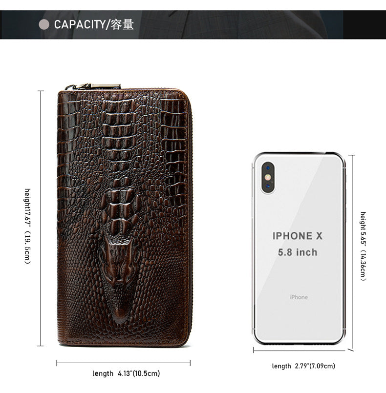 Men's Long Wallet Retro Crocodile Crest Cow Leather Card Holder Anti-Theft Brush RFID Men's Clutch Bag