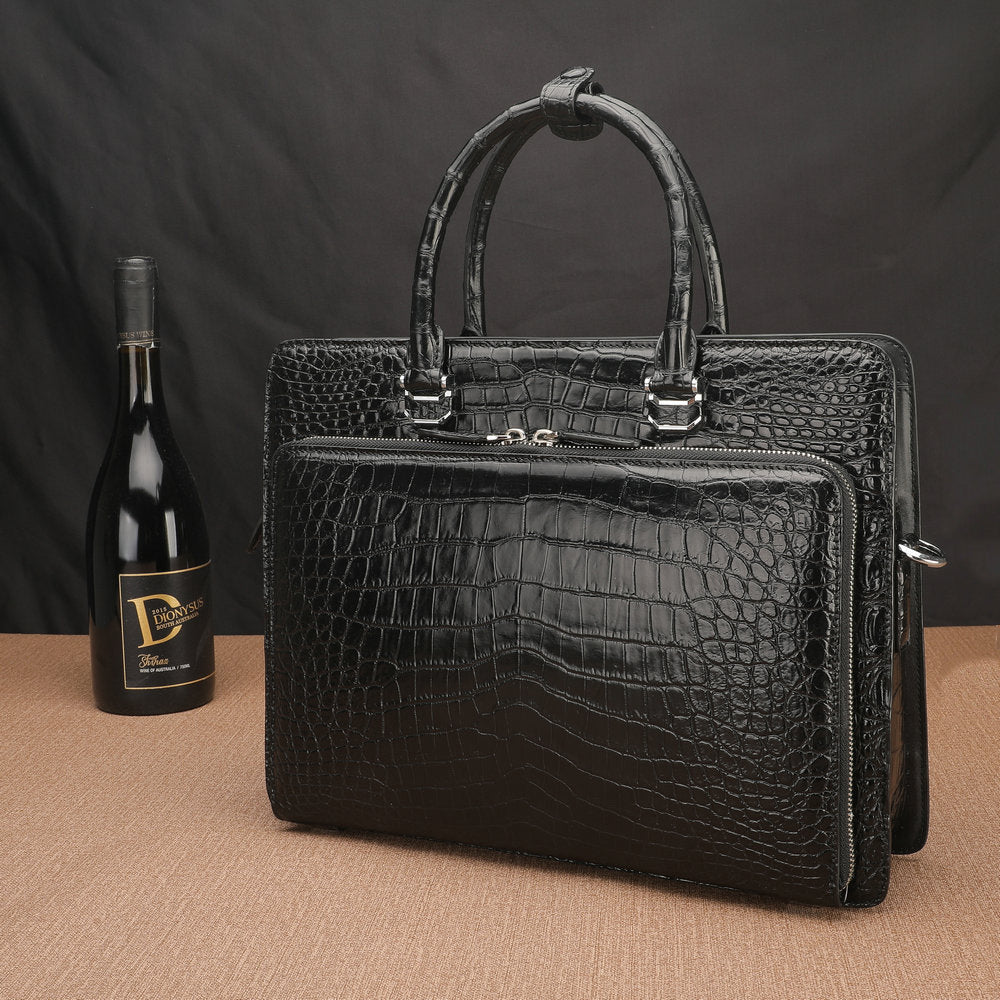 Crocodile Belly Skin Genuine Leather Men's Handbag Briefcase Double Zipper Handbag Business Office Business Trip Commuting File Bag
