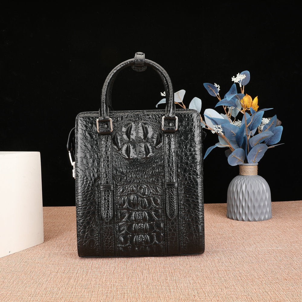 Crocodile Bone Skin Genuine Leather Men's Briefcase Business Commuting Casual Crossbody Shoulder Bag Vertical Handbag