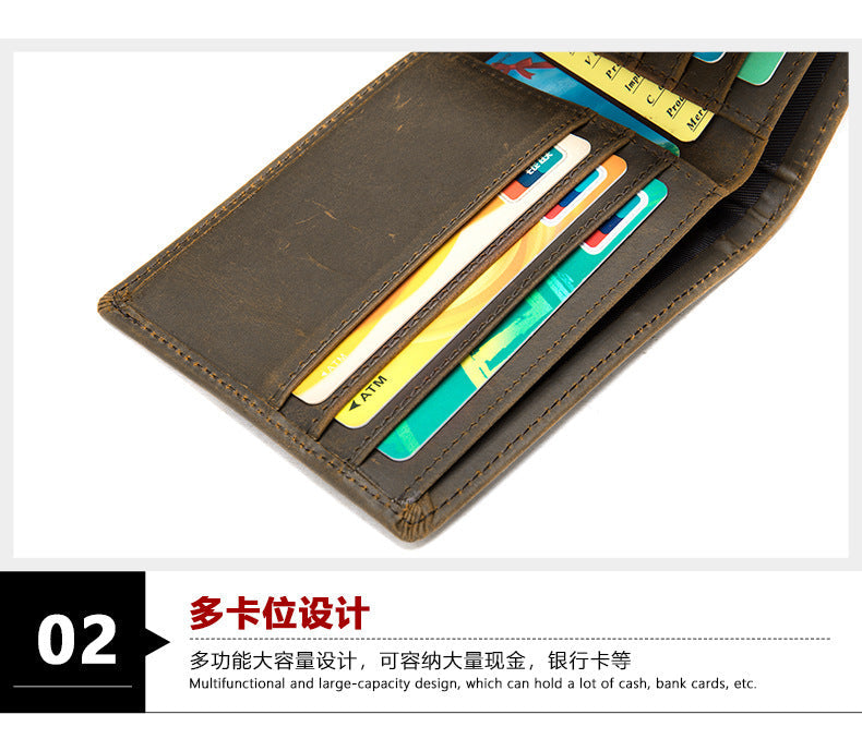 Men's Short Wallet Cow Leather Retro Crazy Horse Handmade Men's Wallet
