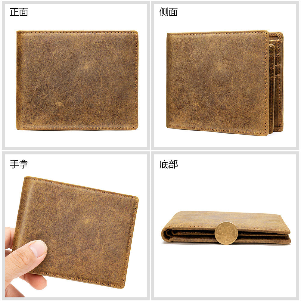 Men's short wallet cowhide genuine leather retro casual anti-theft wallet