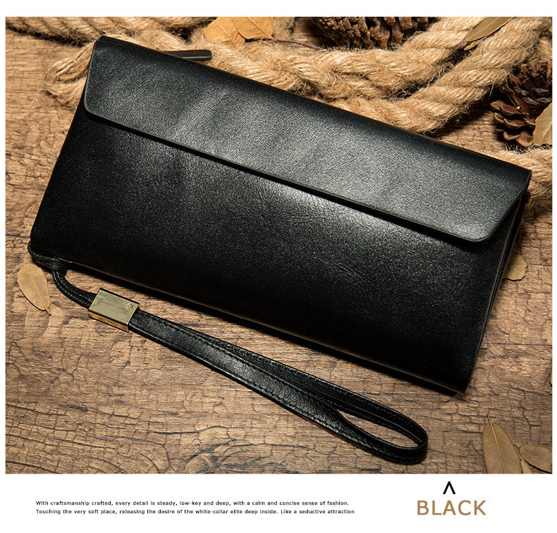 Men's Long Wallet Retro Genuine Cowhide Leather Large Capacity Card Holder RFID Anti-Theft Business Clutch Bag