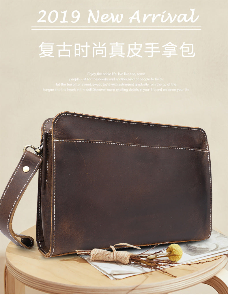 Men's Clutch Bag Cow Leather Crazy Horse Vintage Men's Handbag
