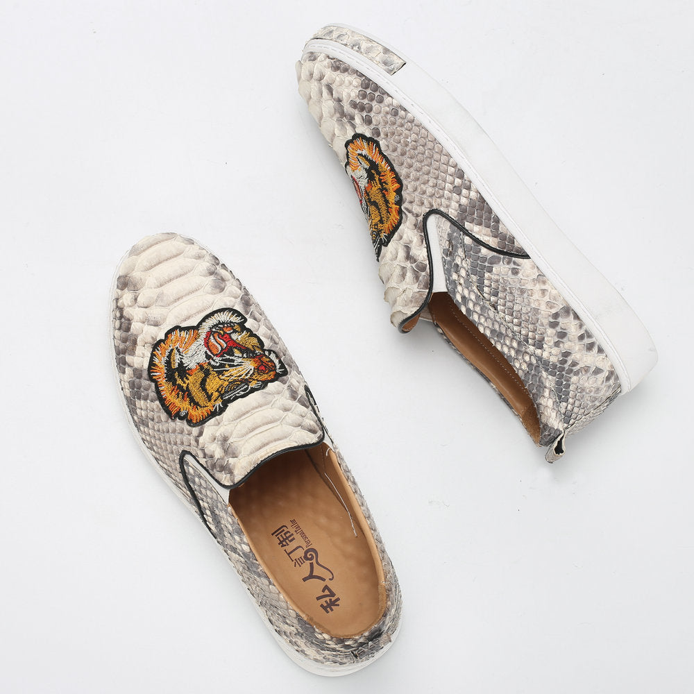 Python Skin Genuine Leather Men's Moccasins Embroidery Tiger Head Fashion Men Shoes Casual Shoes