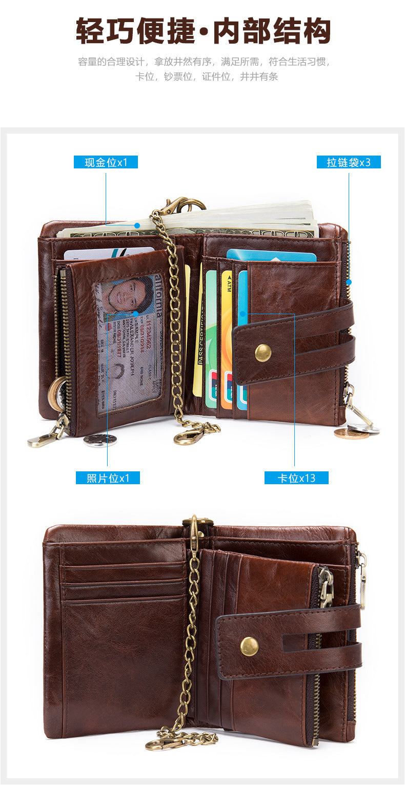 Men's short wallet made of genuine cowhide leather with multi-functional zipper and card bag wallet for men