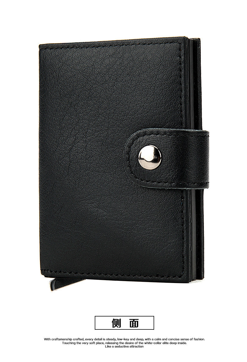 Men's wallet cowhide genuine leather aluminum alloy automatic pop-up RFID anti-theft brush personality business card holder card bag for men