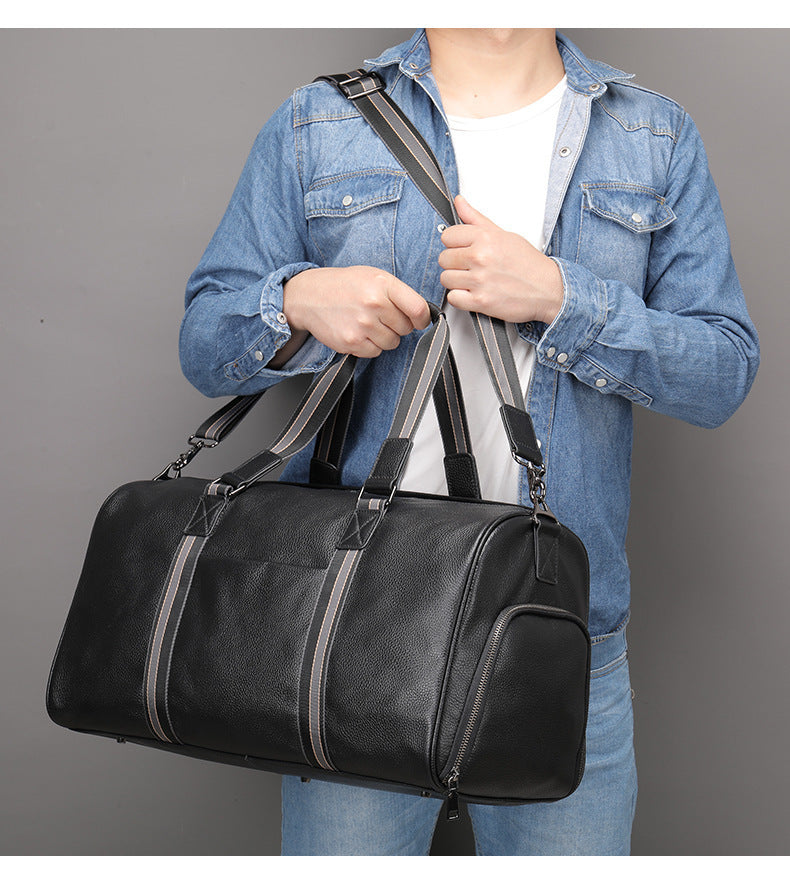 Men's Fitness Bag Genuine Cowhide Leather Dry/Wet Separate Short-distance Luggage Bag Men's Travel Bag Shoulder Bag