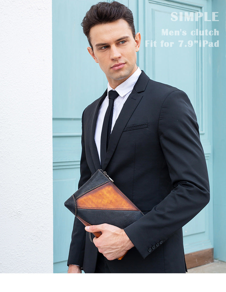Men's Clutch Bag, Cowhide Genuine Leather, Large Capacity, Retro Fashion, Men's Handbag