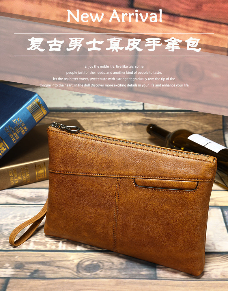 Men's Clutch Bag, Cowhide Genuine Leather, Large Capacity, Retro Fashion, Men's Handbag