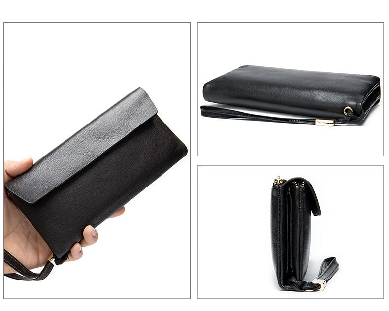 Men's Long Wallet Retro Genuine Cowhide Leather Large Capacity Card Holder RFID Anti-Theft Business Clutch Bag