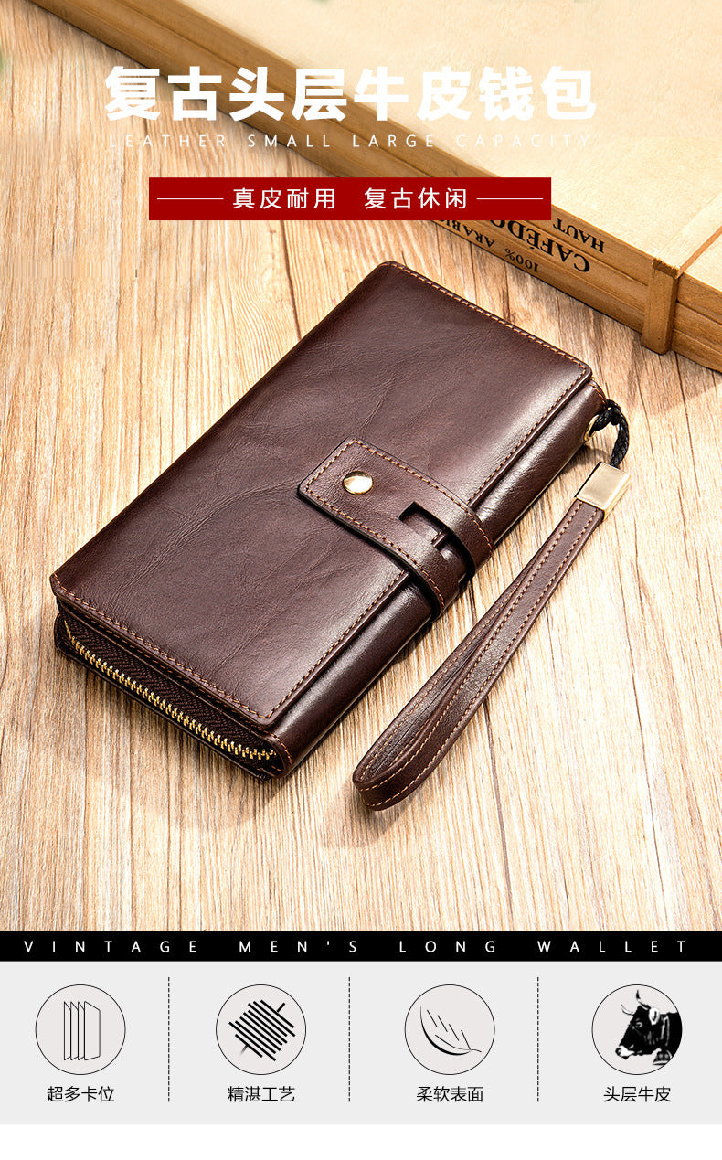 Men's long wallet, large capacity wallet, genuine cowhide leather, zipper clutch bag, handbag for men