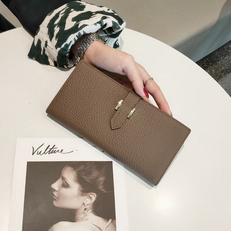 Simple Ladies Cowhide Handbag Lychee Pattern Fashion Long Bifold Wallet Genuine Leather Wallet