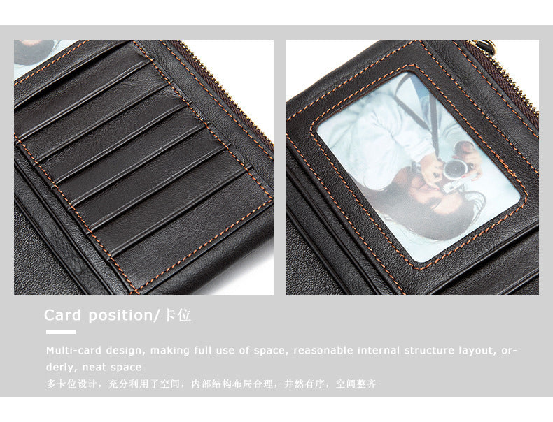 Men's Long Wallet Retro Genuine Cowhide Leather Large Capacity Card Holder RFID Anti-Theft Business Clutch Bag