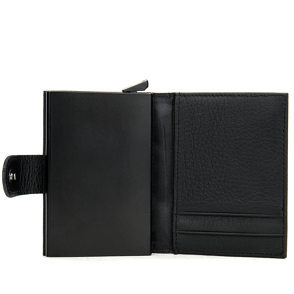 Men's wallet cowhide genuine leather aluminum alloy automatic pop-up RFID anti-theft brush personality business card holder card bag for men