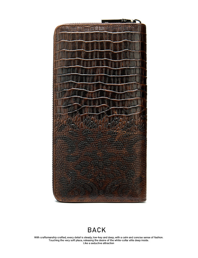 Men's Long Wallet Retro Crocodile Crest Cow Leather Card Holder Anti-Theft Brush RFID Men's Clutch Bag