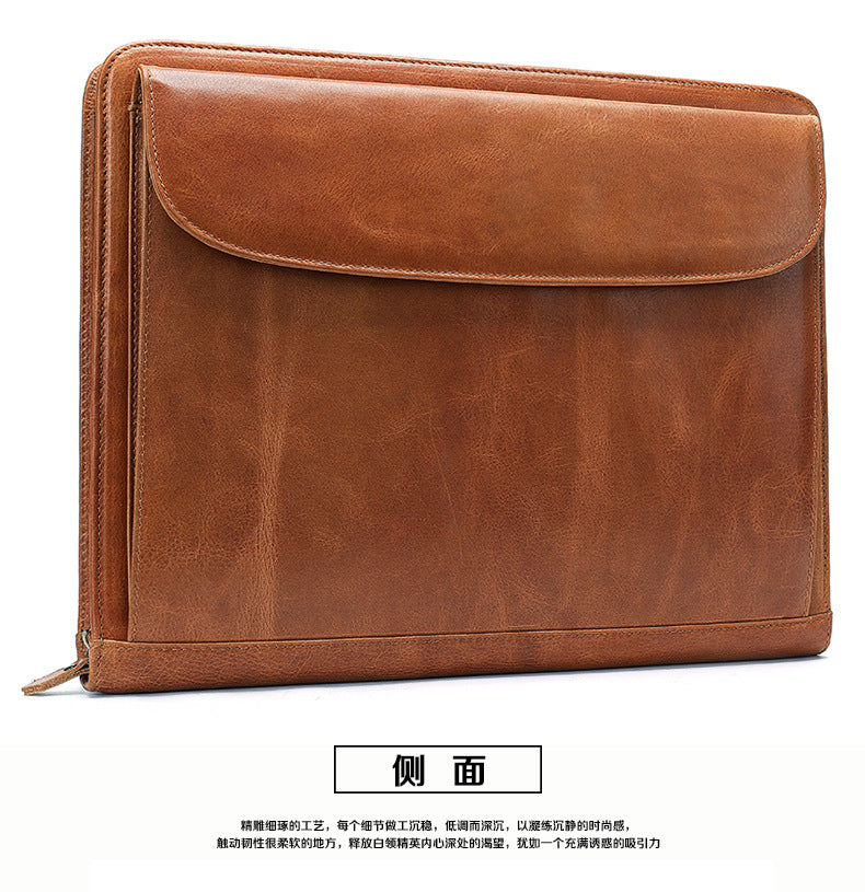 Men's clutch bag Genuine cowhide leather large capacity business zipper file bag Men's handbag